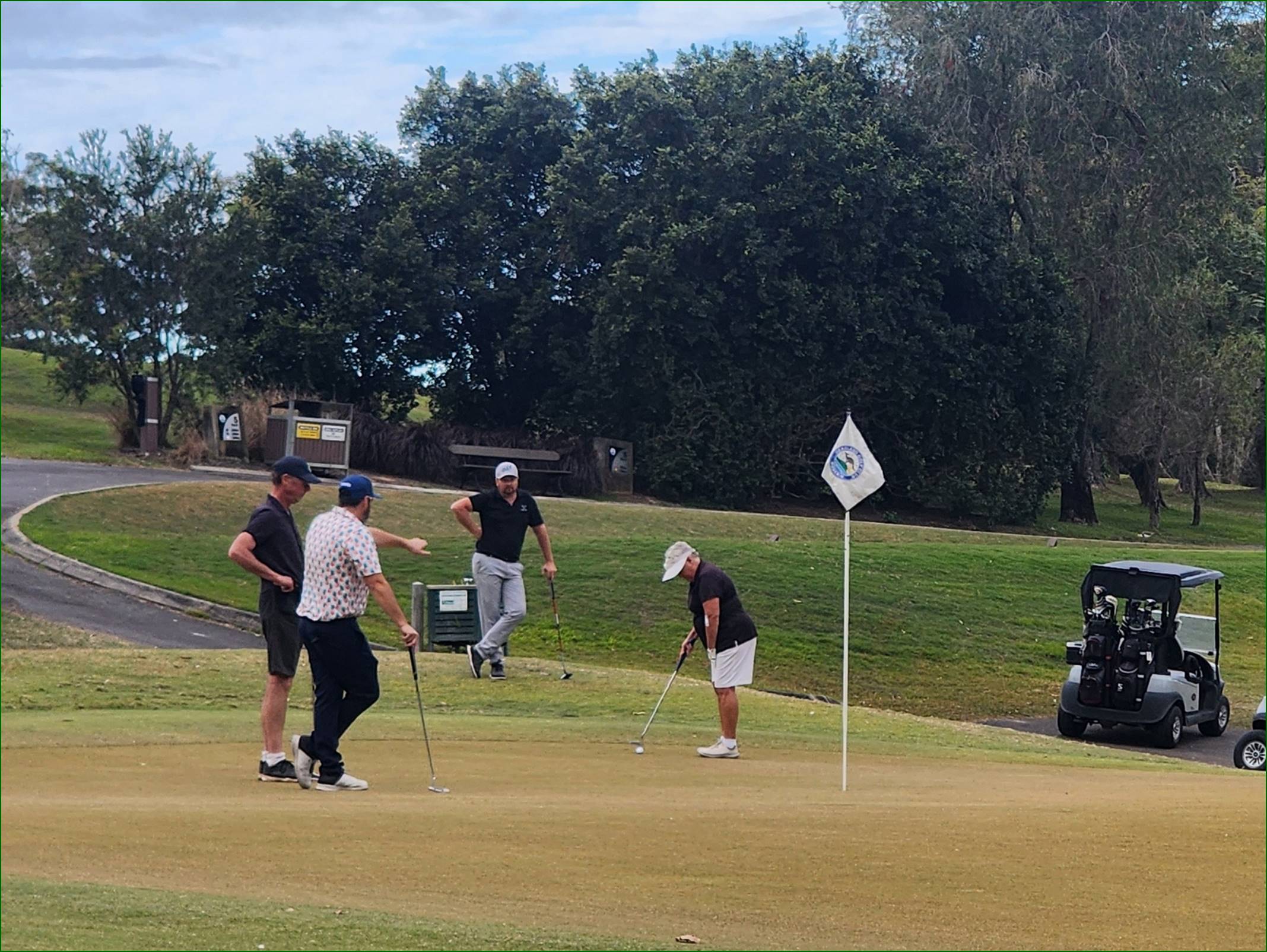 A group of people playing golf

Description automatically generated